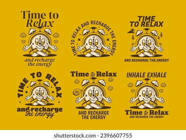 Time to relax. Alarm clock mascot character illustration in meditation pose