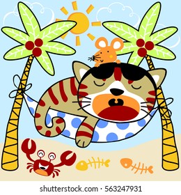 It's Time To Relax For A Cat And Mouse, Vector Cartoon Illustration