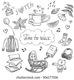 Time to relax doodle set. Hand drawn vector illustration, design elements for cards with cute sweater, rocking chair, pillows, toy, cup of tea, book. 