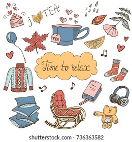 Time to relax doodle set. Hand drawn vector illustration, design elements for cards with cute sweater, rocking chair, pillows, toy, cup of tea, book.