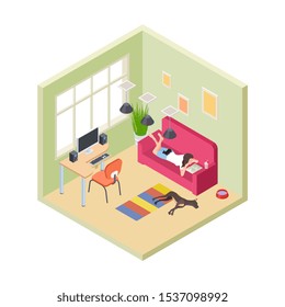 Time relax. Girl relaxing couch reading book. Isometric living room interior. Hygge time with pets