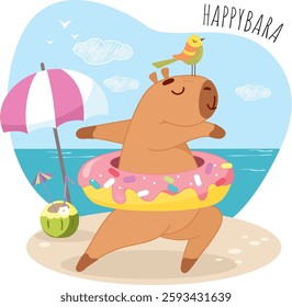 time to relax, happy capybara sunbathing on the beach, runs to swim, swim in the sea, blazing sun, capybara at sea, donut, fat, capybara sunbathing, rubber ring, relaxes, clouds, heat, summer, pink