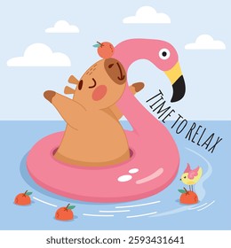 time to relax, happy capybara sunbathing on lifebuoy, capybara at sea, flamingo, capybara sunbathing, inflatable ring, relaxing, clouds, heat, summer, travel agency, all inclusive, last minute deal