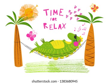 Time for relax. Happy dinosaur is resting in a hammock and listening to music. Cute animal. Vector sunny background. Hand drawn illustration. Chalk and pencil brush texture. Funny character for kids.
