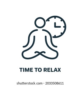 Time to Relax, Meditation, Yoga Line Icon. Man Sitting in Lotus Position Linear Pictogram. Mental and Body Calm Outline Icon. Editable Stroke. Isolated Vector Illustration.