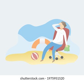 Time to relax on the beach after a long day at work,
work life balance,businessman is working hard and stressed that it time for him to rest,Sky and sand with wind,vector illustration.