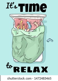 It's time to relax. Person sleeping in bed with cat. Legs on the pillow funny scene. Top view. Cartoon image