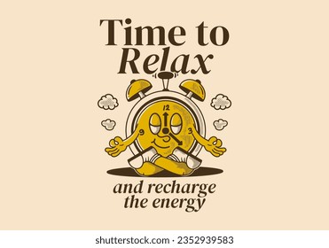 Time to relax and recharge energy, alarm clock mascot character in meditation pose, design in vintage style