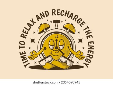 Time to relax and recharge energy, alarm clock mascot character in meditation pose, design in vintage style