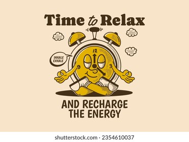 Time to relax and recharge energy, alarm clock mascot character in meditation pose, design in vintage style