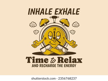 Time to relax and recharge energy, alarm clock mascot character in meditation pose, design in vintage style