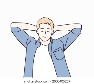 Time for relax, Relaxed young man in casual blue shirt. People sincere emotions lifestyle concept. Hand drawn in thin line style, vector illustrations.