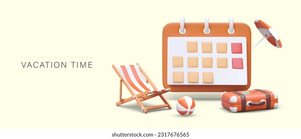 Es el momento de relajarse en el complejo. Vacaciones en el mar, costa oceánica. Lazy y actividad recreativa. Enorme calendario 3D, maleta, bola de playa, paraguas, tumbona. Concepto de vector brillante para el sitio