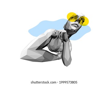 Time to relax. Rest concept. Sleeping man lying on a pillow and dreaming. Distorted image of a man thinking. 3D vector illustration.