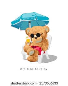 tiempo para relajar el lema con muñeca de oso sentada en la silla de playa ilustración vectorial