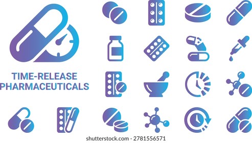 Time release pharmaceuticals icons with gradient hues for medicine, health, and drug delivery concepts.