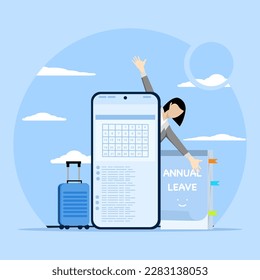 Time reminder concept or annual leave schedule, annual leave, holiday or vacation to rest and relax from hard work, happy businessman walking with luggage from calendar with annual leave notes.