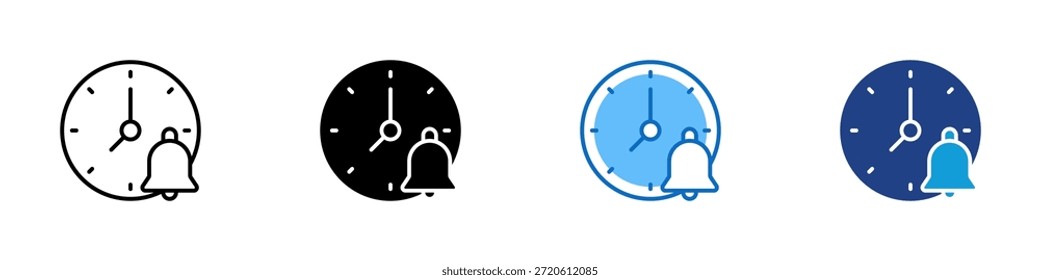 Time Reminder Multiple Style Icon Design Vector - clock with a notification bell symbol representing alerts, reminders, and scheduled events