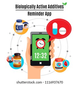 Time reminder smartphone app about biological active additives therapy design concept cartoon vector illustration