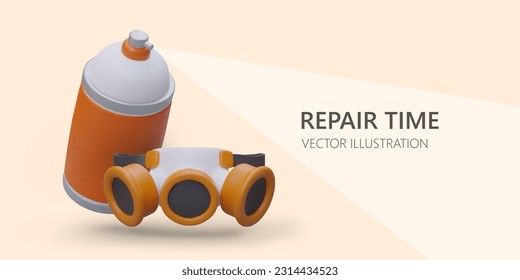 Time for renovation and redesign. Template with 3D respirator and aerosol paint. Personal protective equipment during repair. Fast coloring. Graffiti artist tools