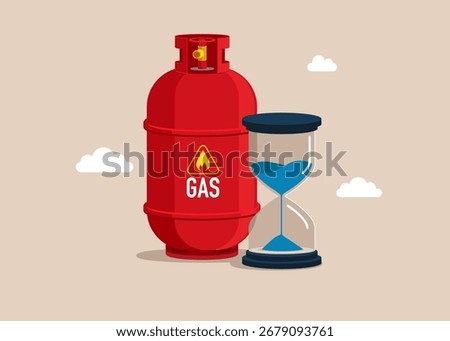 Time and resource. Trading natural gas. Gas cylinder and hourglass with blue liquid inside represents the dwindling supply of gas. Flat vector illustration