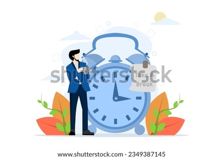 time to rest concept, coffee break time to relax and refresh from long stress intervals, free from boredom, sleepy and tired, businessman relaxing with cup of coffee or tea with clock.