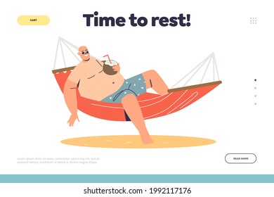 Time to rest concept of landing page with man relaxing in hammock with coconut. Male cartoon resting on tropical beach coast resort sunbathing. Flat vector illustration