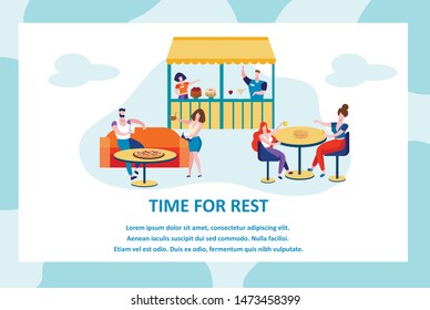 Time for Rest Horizontal Banner. People Visiting Food Court for Buying Food, Pizza, Kiosks Offer Different Bakery, Family Spare Time, Weekend, Visitors Fast Food Cafe, Cartoon Flat Vector Illustration