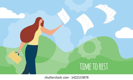 Time to Rest Horizontal Banner, Young Woman with Suitcase in Hands Throw Out Paper Documents Flying Away by Wind. Summer Vacation, Holiday, Summertime Leisure Relaxing Cartoon Flat Vector Illustration