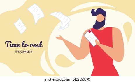 Time to Rest its Summer Horizontal Banner, Young Business Man, Worker, Employee Throw Out Paper Documents Flying Away. Vacation, Holiday, Summertime Leisure, Relaxing Cartoon Flat Vector Illustration