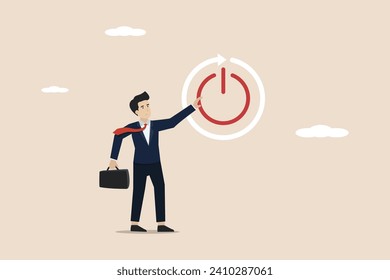 Time to restart business or career, restart new journey, change to improve results concept, smart businessman carefully stretches out his finger to press reboot or restart button.