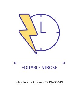 Time restriction RGB color icon. Immediate action. Short term business offer. Stopwatch and lightning. Isolated vector illustration. Simple filled line drawing. Editable stroke. Arial font used