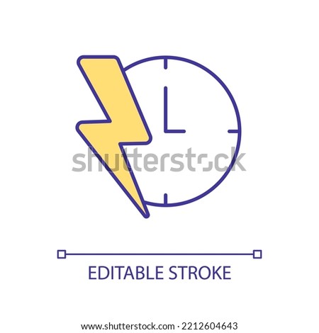 Time restriction RGB color icon. Immediate action. Short term business offer. Stopwatch and lightning. Isolated vector illustration. Simple filled line drawing. Editable stroke. Arial font used
