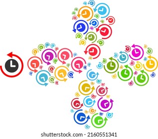 Time return rotation icon bright centrifugal abstract flower shape. Object centrifugal explosion composed from scattered time return rotation icons. Vector flower icon collage in flat style.