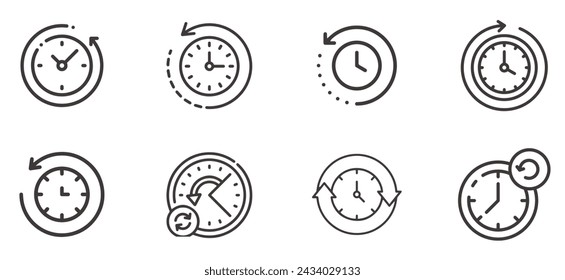 Time in reverse icons set. Back and return symbol. Clock sign with arrow. Vector illustration in outline style. Back in time