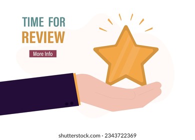 Time for review. Big hand holds golden star. Testimonials, feedback, landing page template. Rating system. Online survey. Increase your rank. Quality control. vector illustration