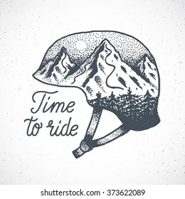 Time to Ride Abstract Vector Hand Drawn Snowboard or Ski Helmet with Mountain Landscape in Dotwork Style. Ski Routes From the Top to The Bottom of Mountains. Wild Forest Silhouette. Isolated.