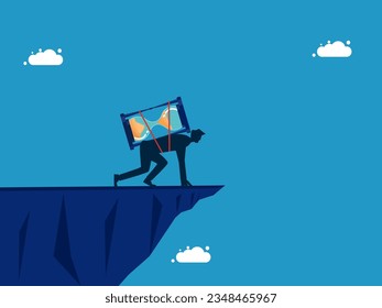 time and risk. Businessman with hourglass preparing to jump from high cliff 