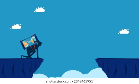 time and risk. woman with hourglass preparing to jump over high cliff 