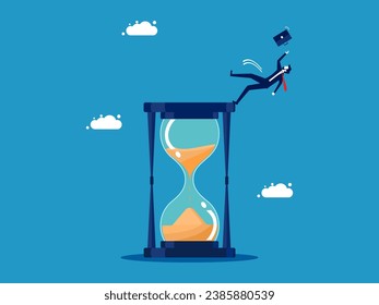 Time is risky. Businessman slips and falls on an hourglass. Vector