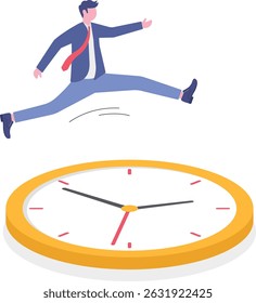 Tempo esgotado, prazo ou pressa para ir ao escritório com atraso, urgência ou determinação para terminar o trabalho rapidamente,


