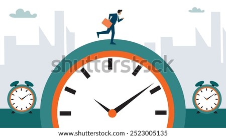 Time run out, deadline or hurry to go to the office late, urgency or determination to finish work fast, stressed or anxiety to complete work concept, hurry businessman run fast on time run out clock.