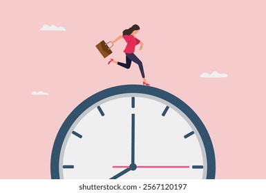 Time run out. Hurry to go to the office late. Urgency or determination to finish work fast. Stressed or anxiety to complete work concept. Hurry businessman run fast on time run out clock vector.