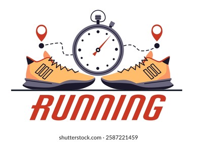 Time for run. Running sneakers, stopwatch and route with mad pin. Icon application for smartphone. Healthy active lifestyle. Jogging and training cartoon flat isolated vector concept