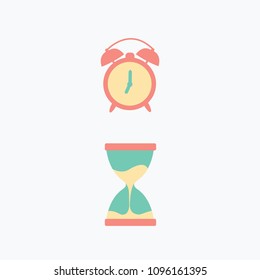  time running out. Alarm Clock & Hourglass or sandglass isolated flat design. summertime. space for text on background. time is running out. hurry up vector. countdown cartoon print. hour glass & sand