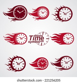 Time is running out concept, vector timers with burning flame. Eps 8 clear vector illustrations. Set of deadline theme stylized illustrations.