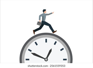 Time running out, grace time or being late to the office, pressed for time, anxiety to complete the work concept, businessman in a hurry running fast on the clock running out of time.
