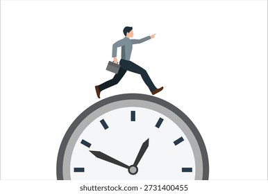 Time running out, grace time or being late to the office, pressed for time, anxiety to complete the work concept, businessman in a hurry running fast on the clock running out of time.	
