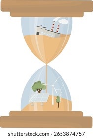 O Tempo Está Esgotando A Energia Industrial Para A Renovável. Ampulheta mostrando transição de fábrica industrial poluente para energia renovável limpa com painéis solares e turbinas eólicas. Ilustração vetorial