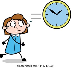 Time Running Out - Retro Office Girl Employee Cartoon Vector Illustration